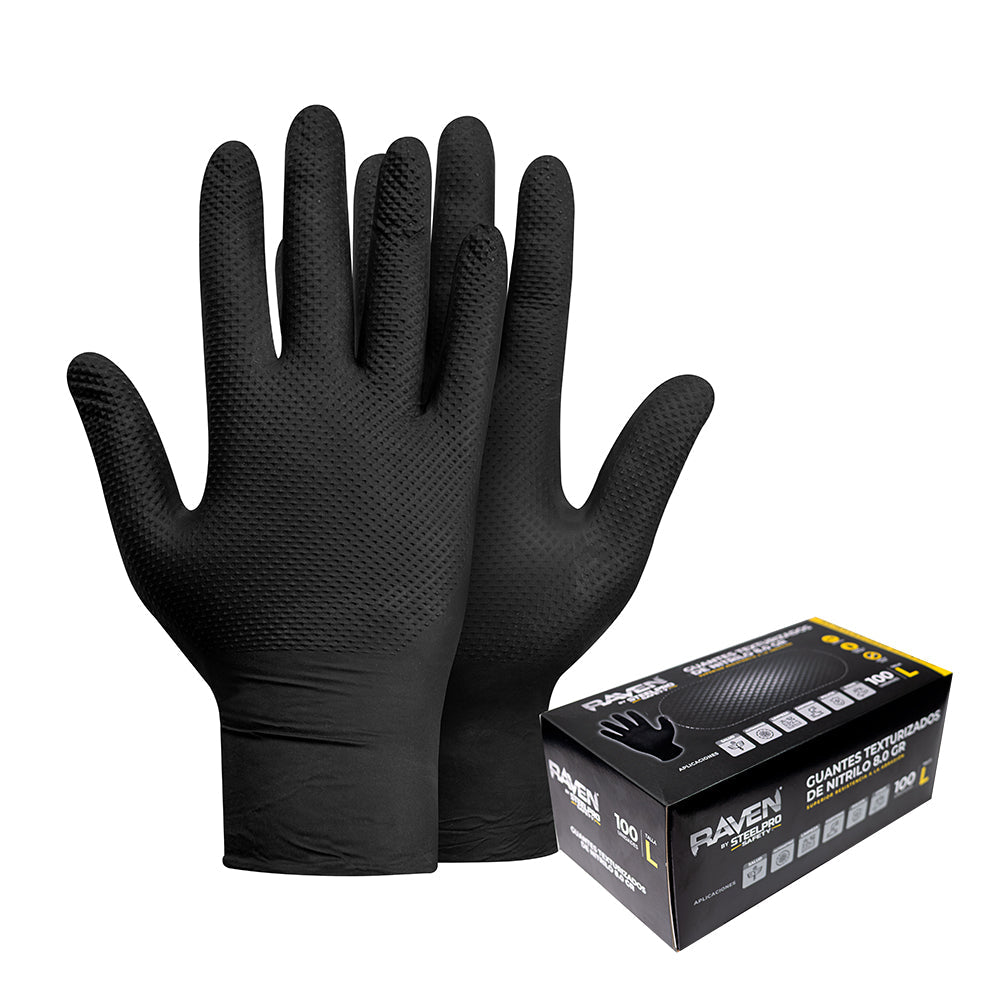 GUANTE NITRILO TEXTURIZADO NEGRO 8GR STEELPRO RAVEN 100UDS